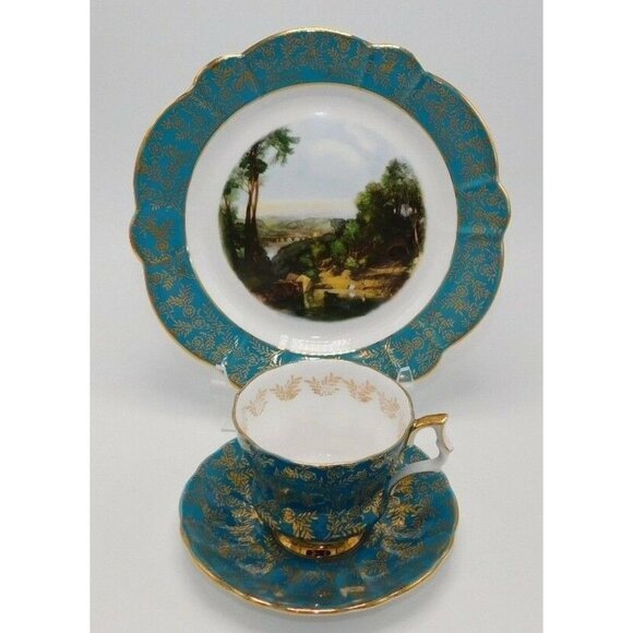 Royal Windsor Bone China Green & Gold Leaves Teacup Saucer Plate Set - Picture 1 of 10